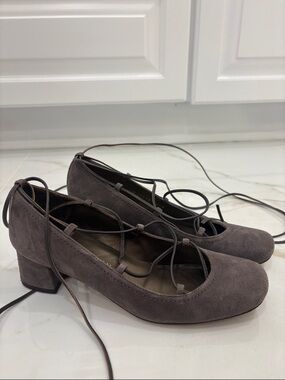 Stuart Weitzman Gray Suede Lace-Up Block Heel Pumps